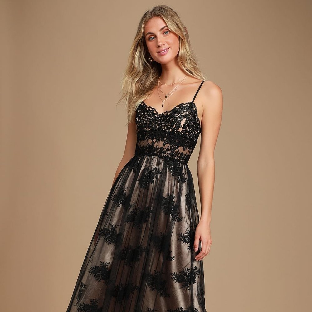Lulu's Utter Elegance Black Embroidered Lace Maxi Dress